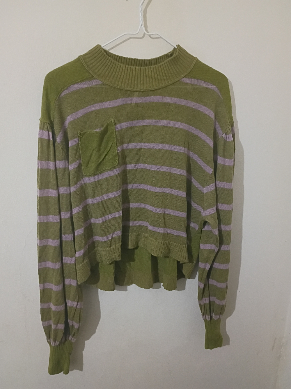 Free People Olive Green and Lavender Striped Cropped Sweater